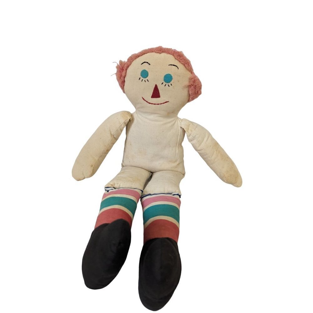 Vintage Handmade Raggedy Ann doll Embroidered face 19"‎ red green pink stripes